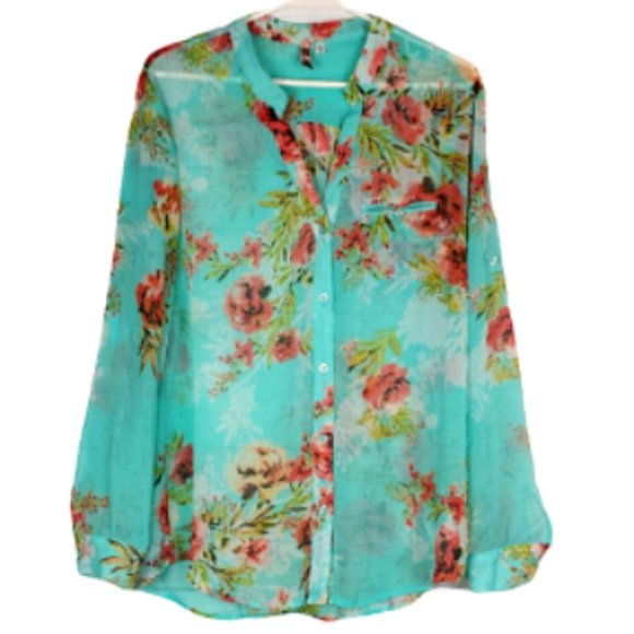 Kut from the Kloth Tops - KUT From The Kloth Women's Blue Floral Long Sleeve Chiffon Blouse Size Medium
